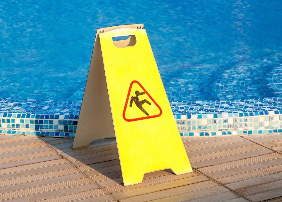 ellow caution sign warning of potential hazards near a swimming pool area.